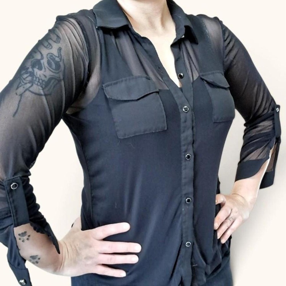 Sheer Black Gothic Button Down Blouse S M
